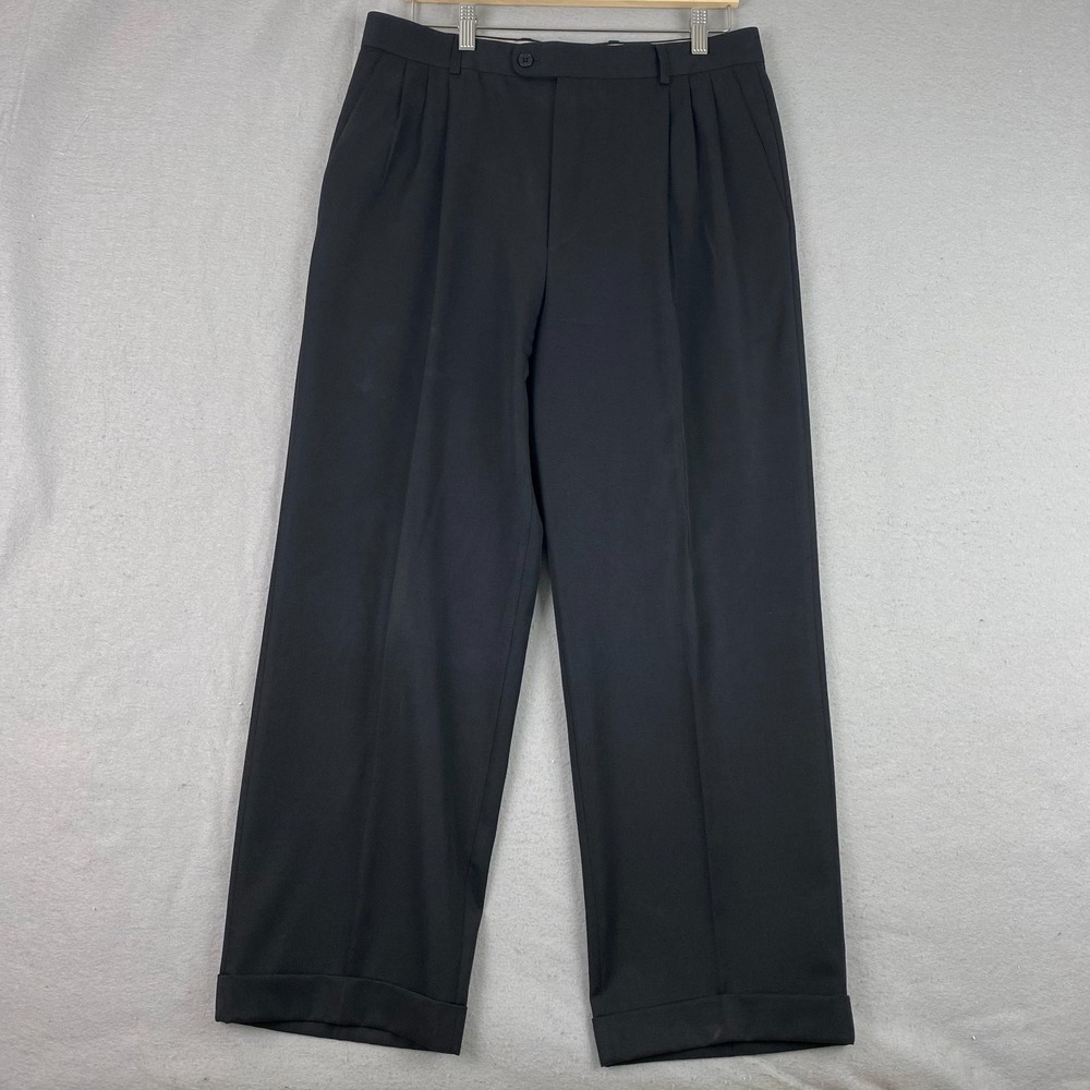 Zanella Mens Dress Pants 33x28 Wool solid double Pleated trousers black